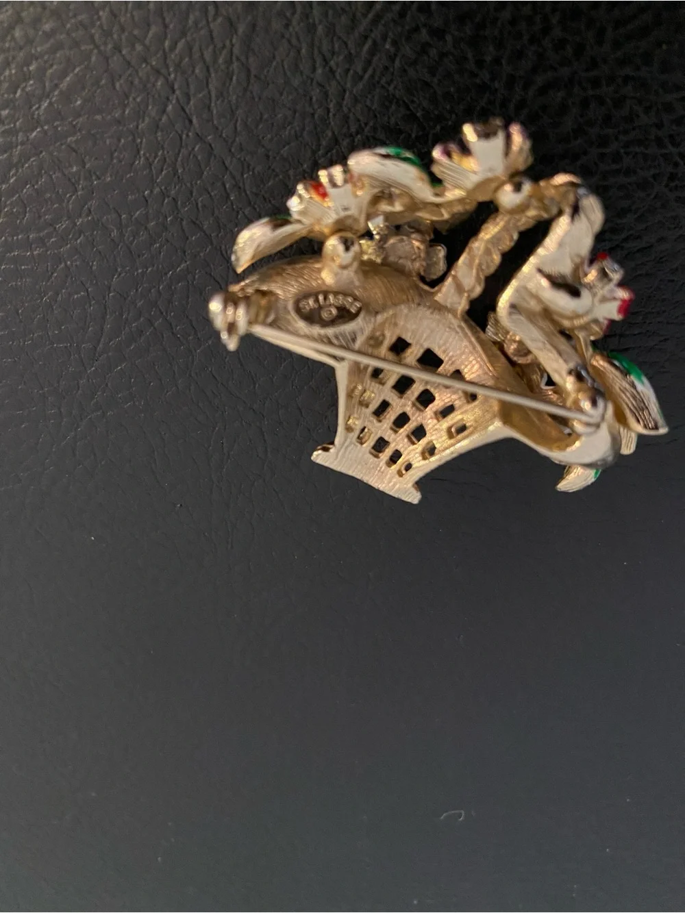Vintage St. Labre Jewelry Co, Gold Floral Basket Brooch w/ Multi Enamel Flowers